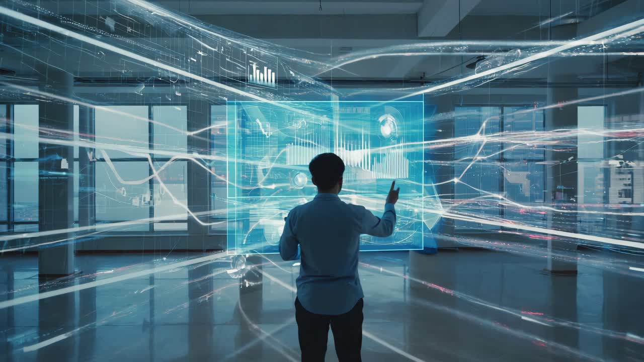 Man Interacting with Futuristic Digital Data Interface