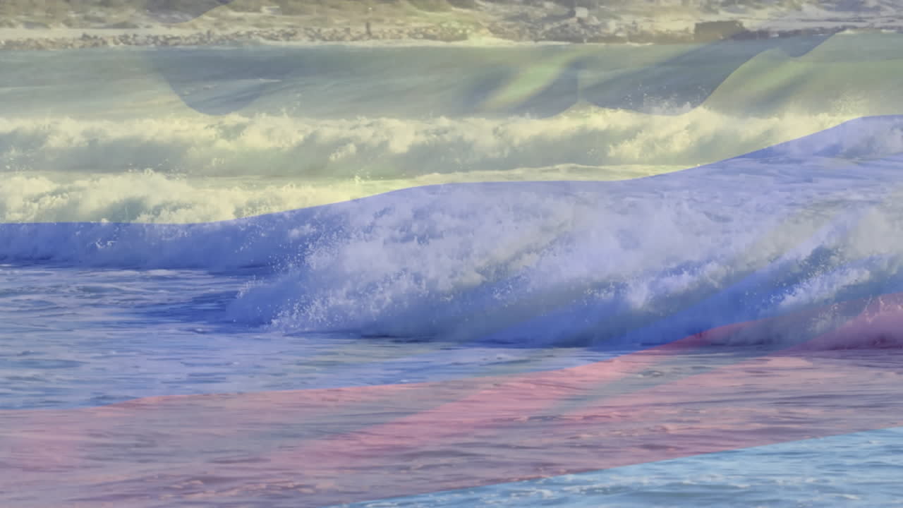 콜롬비아의  ⁇ 발이 바다에서 부 ⁇ 히는 파도에서 태양 위에 흔들리는 애니메이션