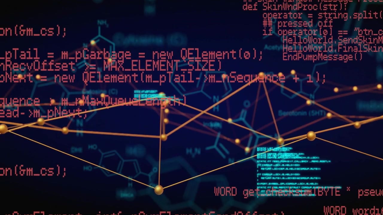 Netzwerkdiagramm blendet ein, zeigt cyanfarbenen Code, scrollenden roten Text, pulsierende Knotenpunkte illustrieren Datenfluss