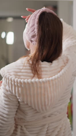 mujer de pie en el baño haciendo cuidado facial después de lavarse. mujer con cinta para la cabeza se acerca al espejo de longitud completa haciendo máscara facial en cámara lenta