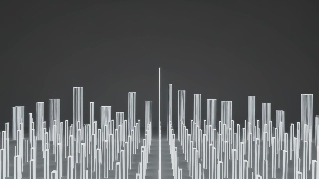 Pulsing luminous array rising and falling to central pulse in VR lab, mirrored floor reflecting