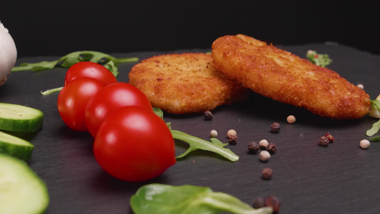 primer plano cinematográfico de rotación lenta de schnitzel marrón dorado perfectamente cocinado en una fuente de pizarra con guarnición de tomates, rúcula, pepino, ajo y granos de pimienta, cortados