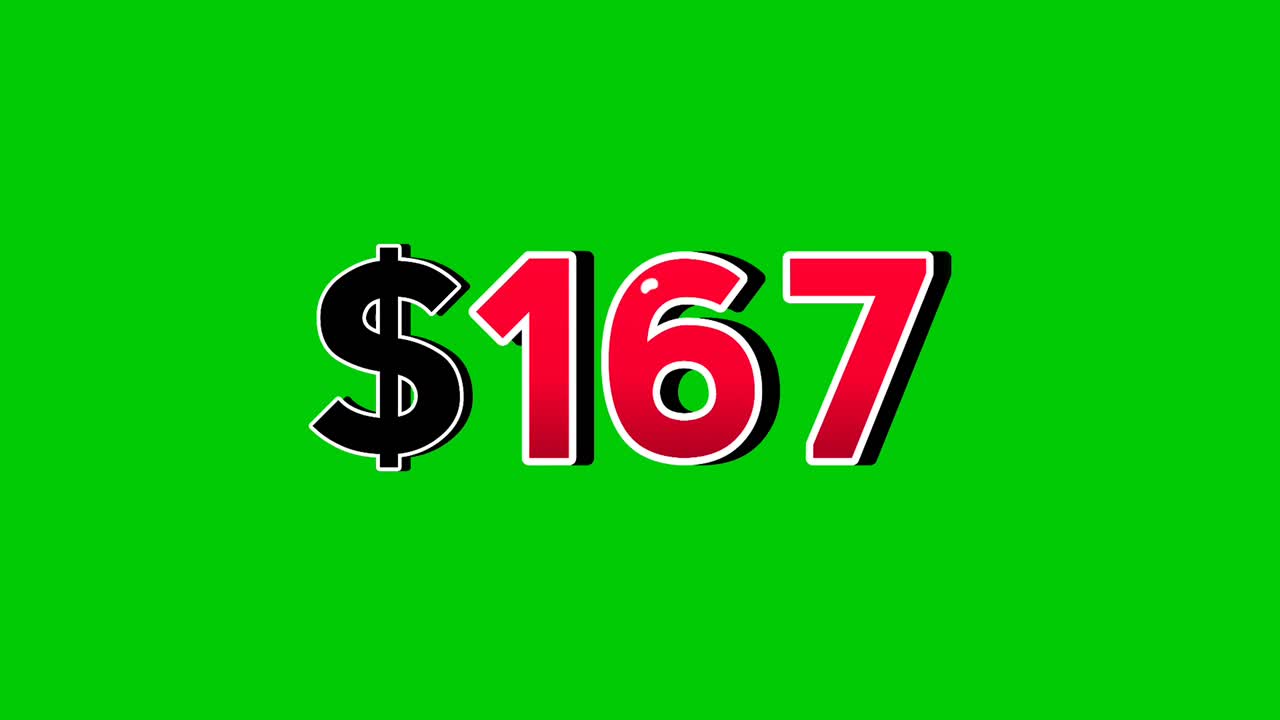 Animation number $167 dollar sign motion graphics with smoke effect green screen background vibrant red numbers. Video 3D effect with shadows for video elements business concept