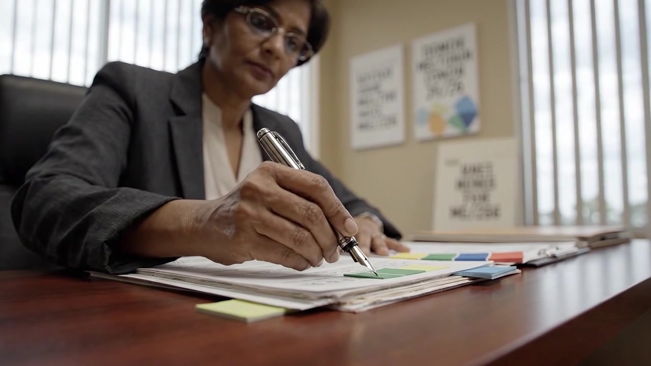 Profissional Focado em Traje de Negócios Engajado em Papelada, Analisando Documentos com Caneta na Mão Enquanto Sentado em uma Elegante Mesa de Madeira em um Ambiente de Escritório Iluminado