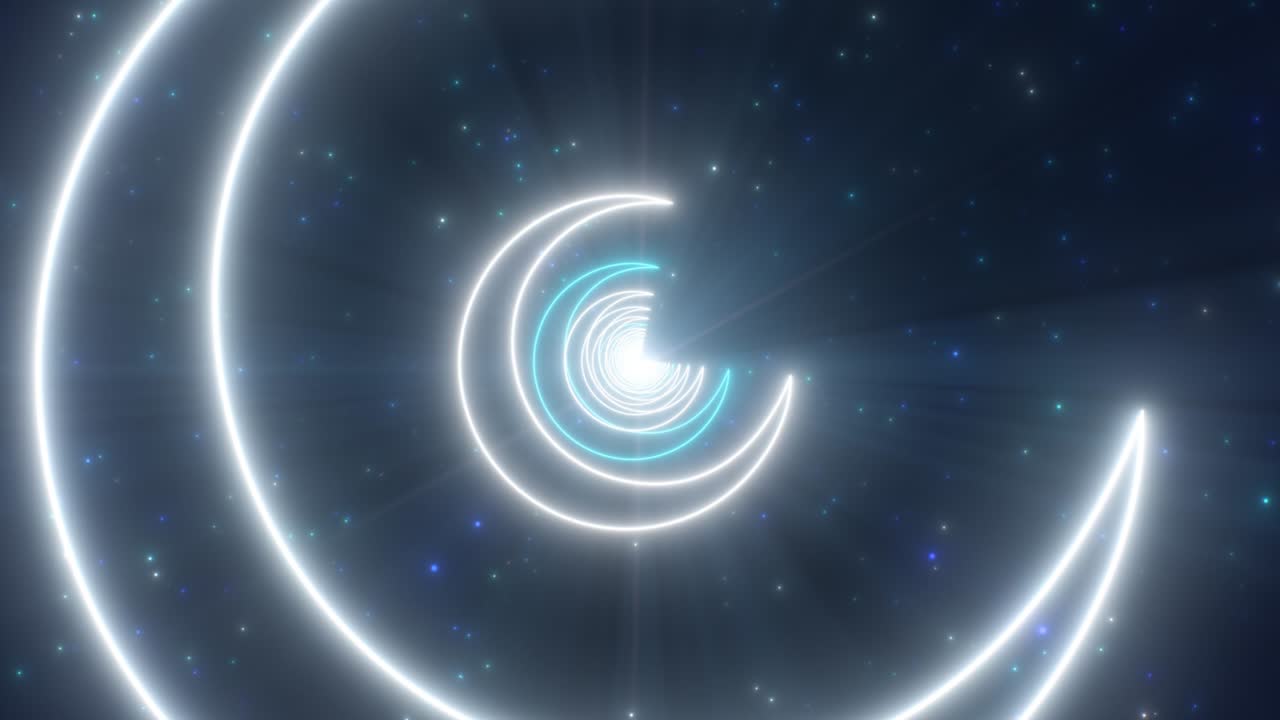 밤하늘에서 반달 네온 조명 터널 추상적인 반이는 입자 - 4k 원활한 vj 루프 모션 배경 애니메이션