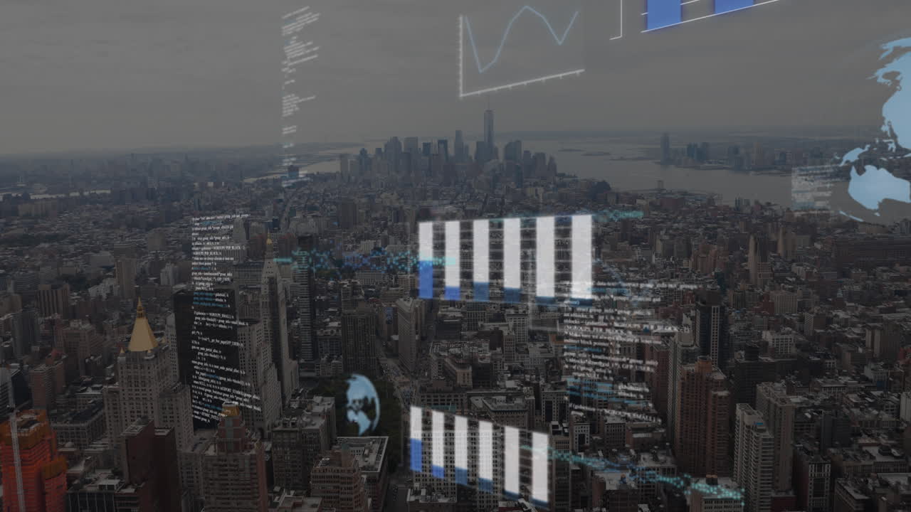 그래프, 글로브 및 컴퓨터 언어의 애니메이션 현대 도시 풍경과 구름이 가득한 하늘