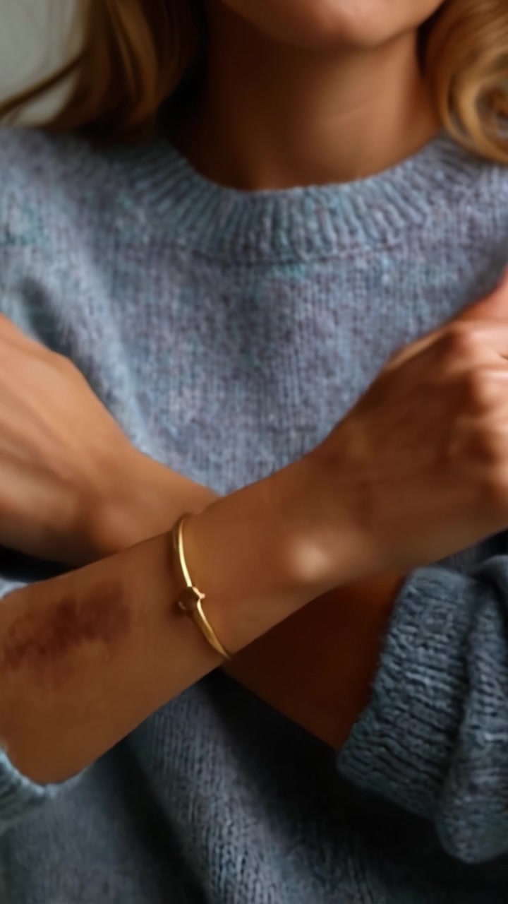 Soft Sweater and Stylish Bracelet Highlight the Contrast of a Unique Skin Mark in a Close-Up Shot, Capturing a Subtle Blend of Fashion and Personal Story.