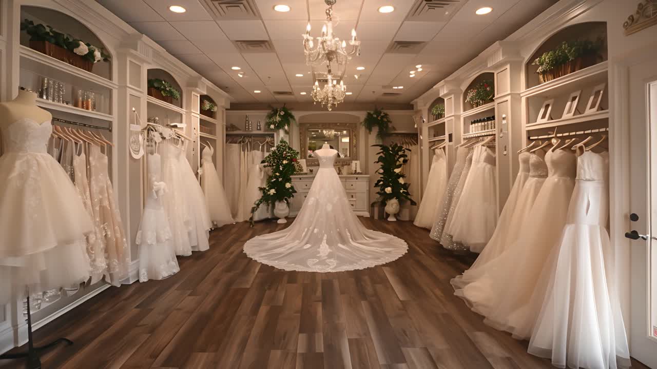 A beautiful bridal shop showcasing a wide selection of wedding dresses