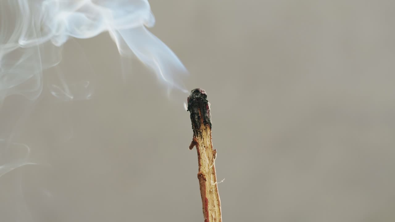 Person holding Palo Santo wood stick in hand, aromatic Palo Santo burning on black background, smoke spreading around, slow motion video clip, high quality 4k close up footage. High quality 4k footage