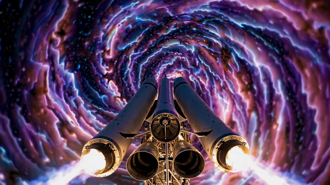Razzo spaziale che viaggia attraverso un wormhole cosmico nello spazio profondo