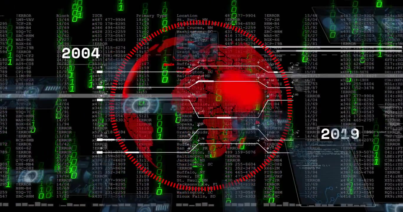 On startup digital red globe rotating, scanning labels across years to visualize global data flow
