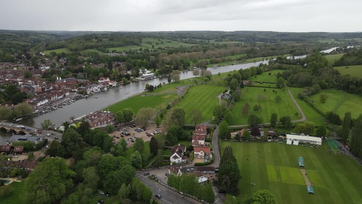 River Thames at Henley Remenham Riverside UK drone footage 4K