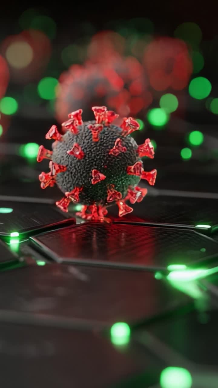 Microscopic View of a Virus with Distinctive Red Spike Proteins Illuminated Against a Dark Background with Green Light Effects