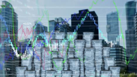 animation of financial data processing over silver coins