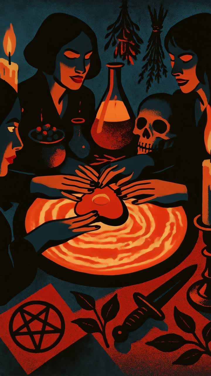 Aerial view of a mystical scene with three figures around a glowing orb, candles, and a skull