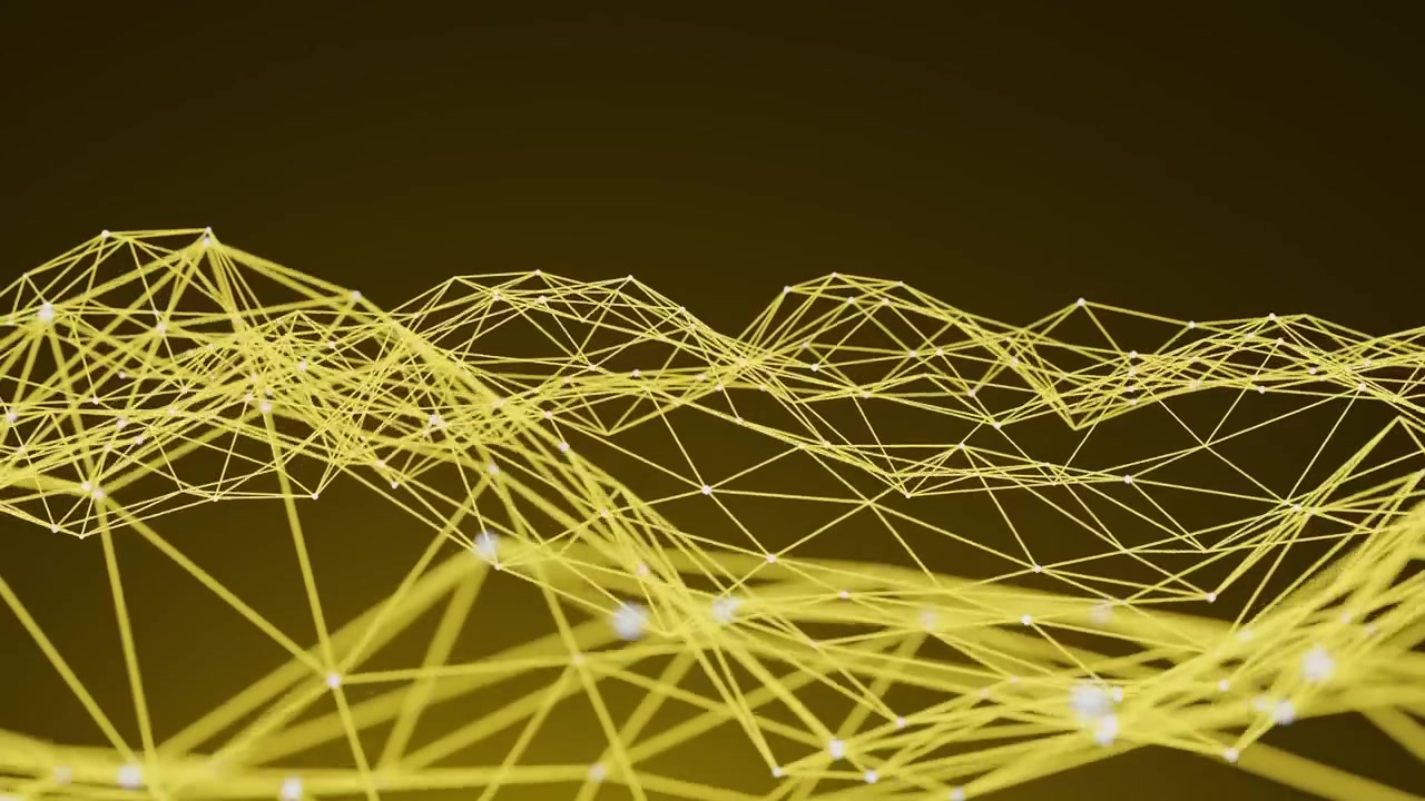 Rete gialla astratta di punti e linee gialle luminose e connesse su uno sfondo scuro. Concetto di design digitale futuristico per la tecnologia e la visualizzazione dei dati. Rendering 3D con spazio per il testo