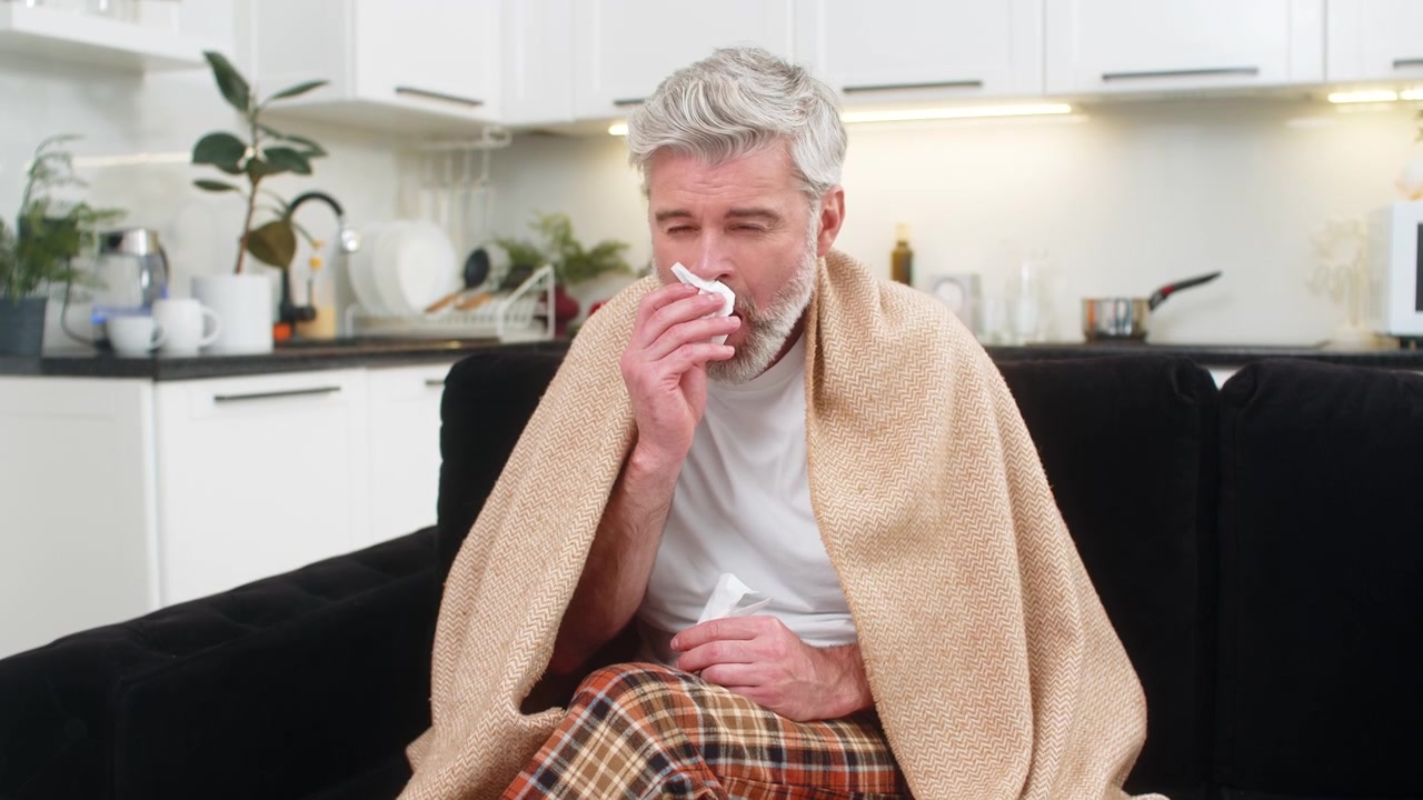 Uomo di mezza età malato sotto un plaid, starnutisce, usa un fazzoletto e tira su col naso, affetto da influenza o virus, in riposo durante la quarantena domestica