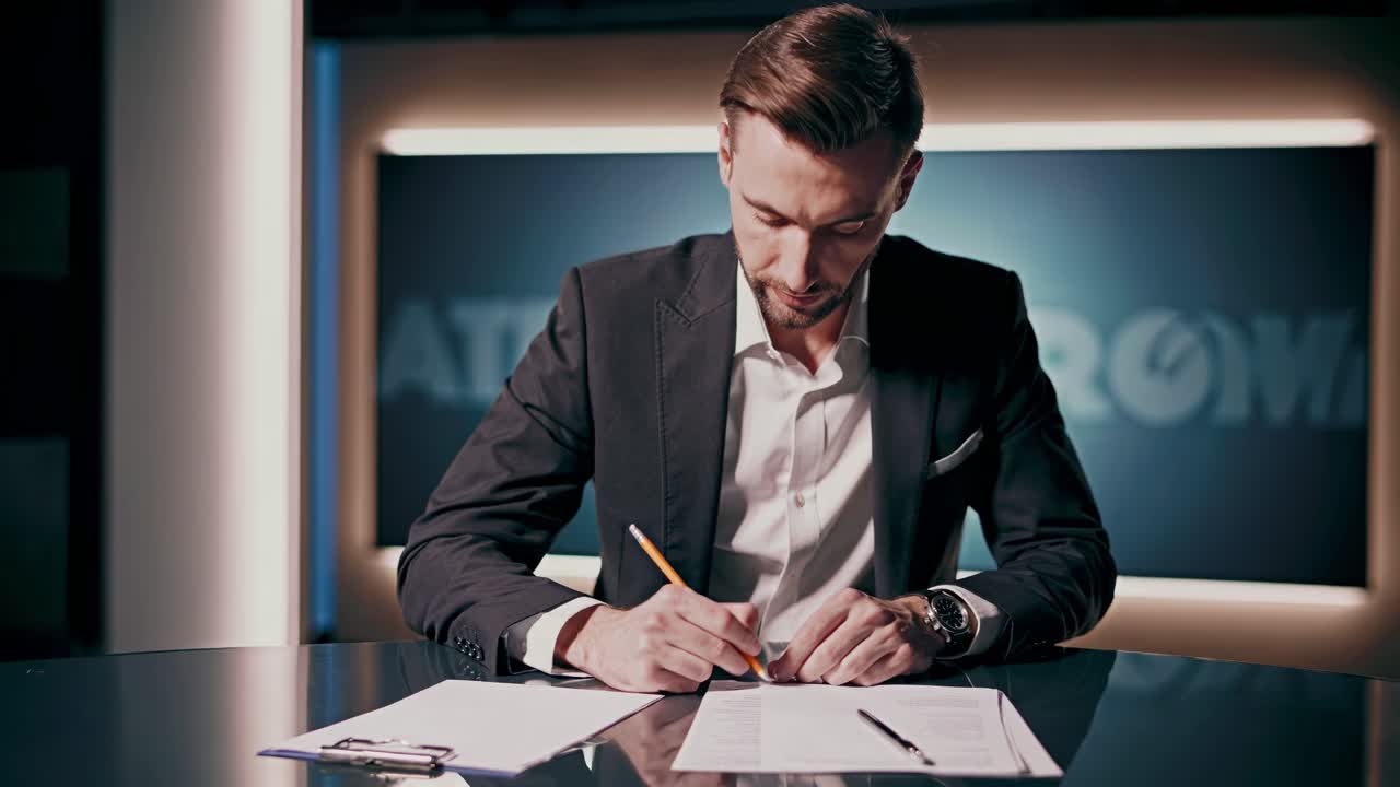 Apresentador de Notícias Assinando Documentos em Estúdio