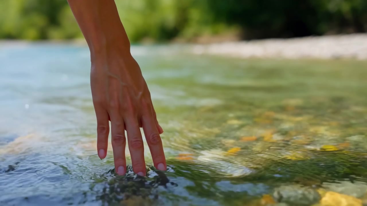 Hand Touching Clear River Water, Shallow Pebble Bed, Sunlight Dappling Surface, Slow Ripples And Gentle Splash