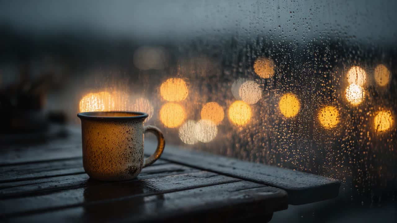 Una serata tranquilla con una tazza di tè calda accanto a una finestra piovosa, luci scintillanti della città sullo sfondo, per creare un'atmosfera accogliente di relax e riflessione