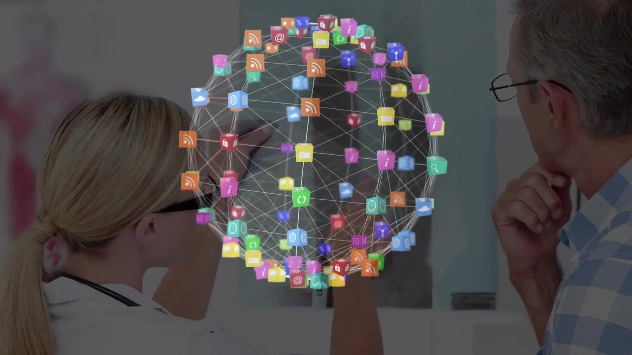 Animation of media icons over caucasian female doctor with patient and xray