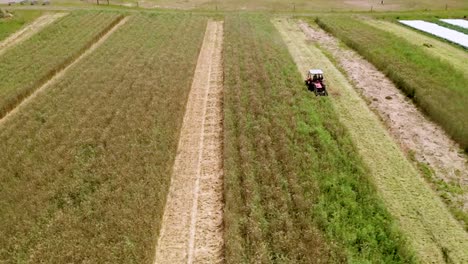 Traktor-Mit-Mähern,-Die-Während-Der-Erntesaison-Auf-Dem-Großen-Bauernhoffeld-Arbeiten