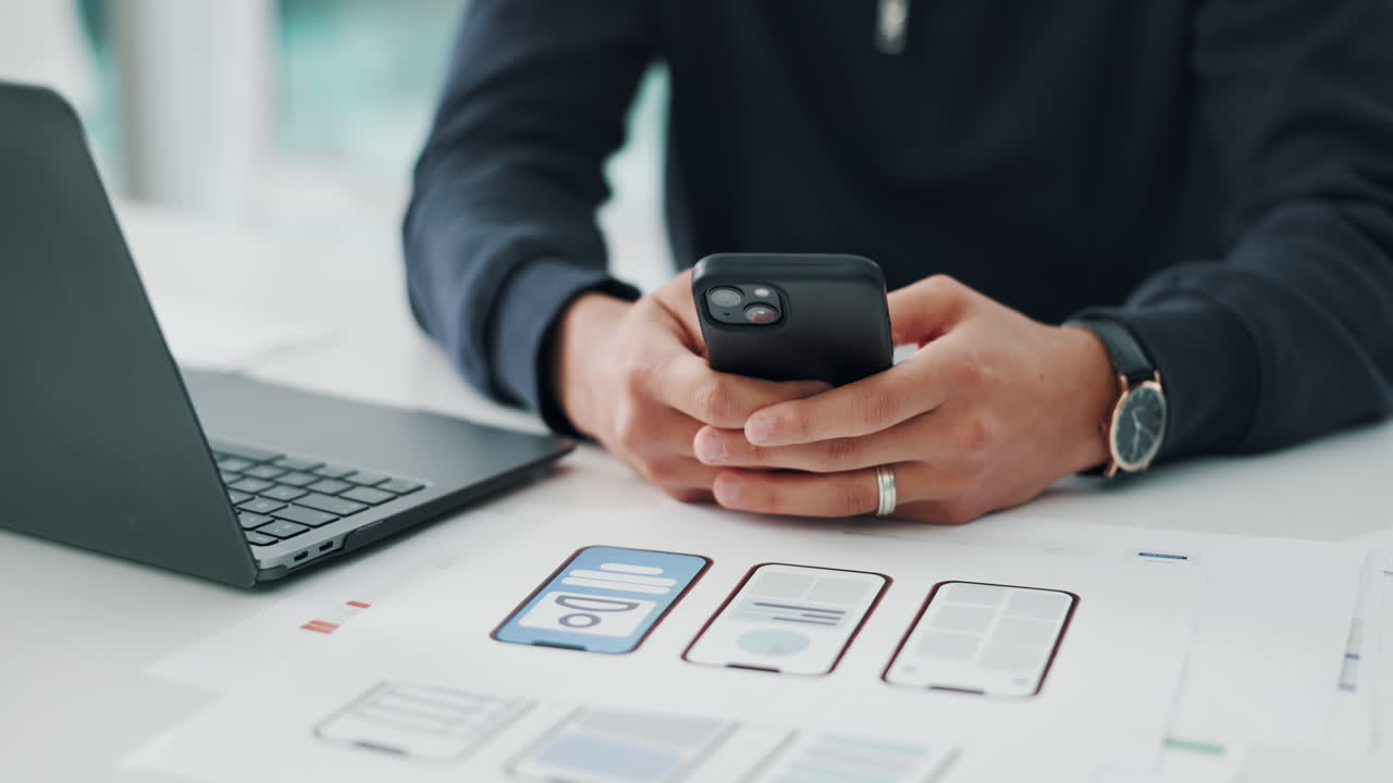 A person working on mobile app design with a laptop and smartphone in the office