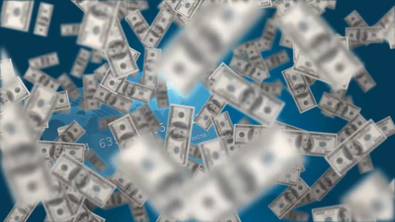 animación de dinero flotando sobre la tarjeta bancaria