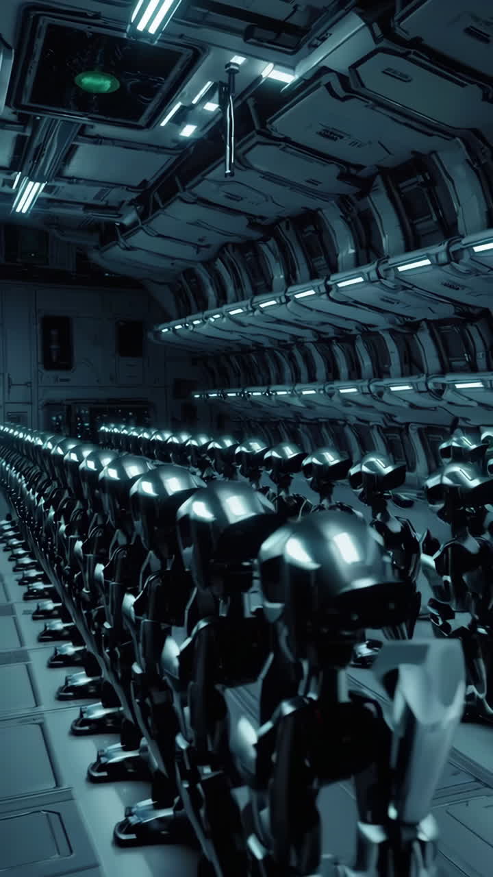 Rows of Futuristic Robots in a Spaceship Corridor