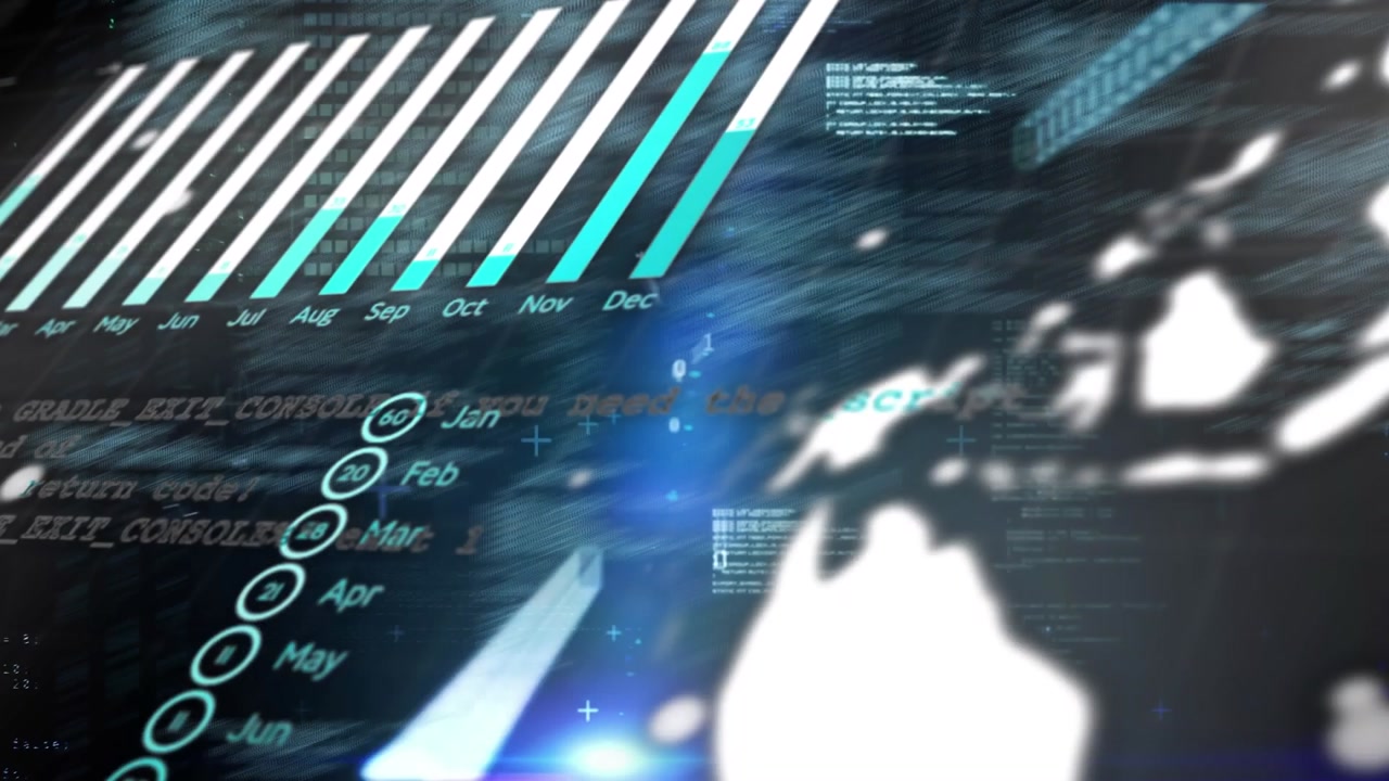 Animation of data processing and light trails on black background