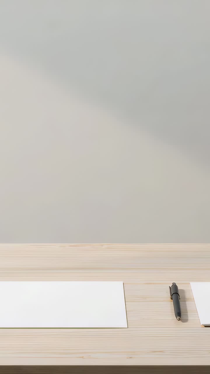 Video verticale: luce mutevole che proietta un'ombra obliqua su una scrivania di legno, mostrando fogli bianchi e una penna