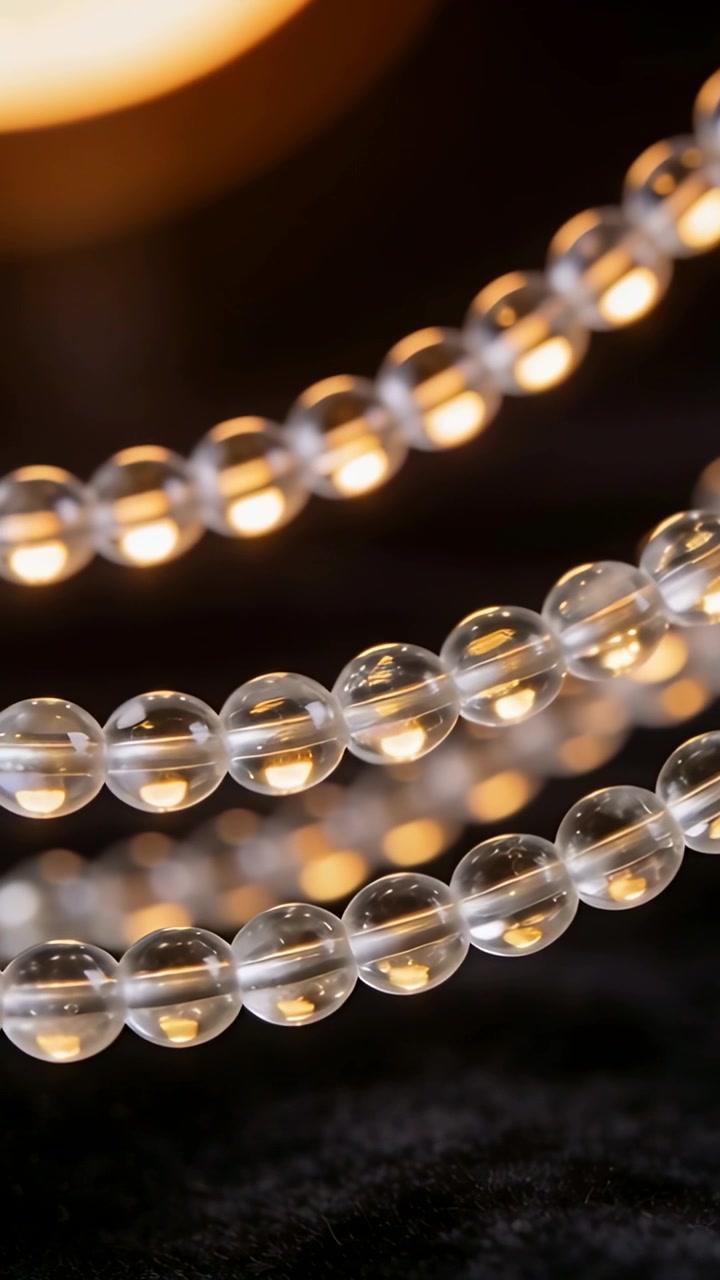 Video verticale: Inclinazione che sposta tre fili di perline di vetro che oscillano sul velluto, mostrando il bokeh caldo di una lampada