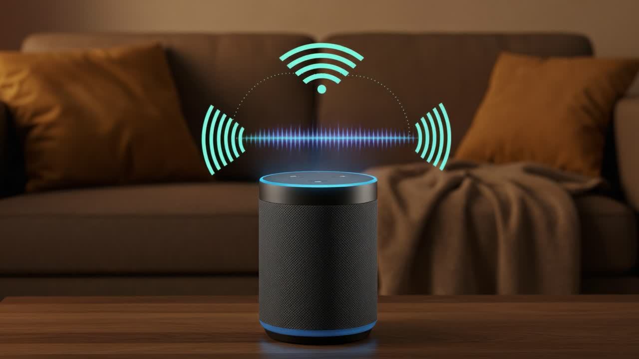 A Smart Speaker Emitting Sound Waves in a Cozy Living Room Setting, Highlighting Modern Audio Technology and Home Automation Features in Action