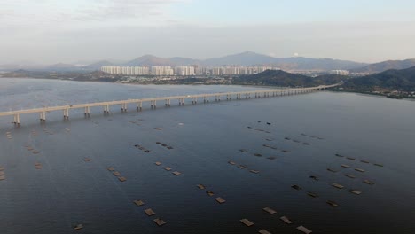 Puente-De-La-Bahía-De-Hong-Kong-Shenzhen-Con-Edificios-Tin-Shui-Wai-En-El-Horizonte-Y-Piscinas-De-Cultivo-De-Peces-Y-Ostras,-Vista-Aérea