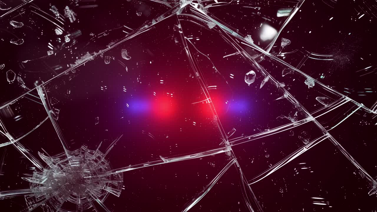 Broken glass with ambulance and police lights flashing. Shattered glass with pulsating red and blue ambulance and police lights. For emergency, accident, danger, security concepts