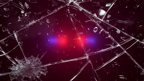 broken glass with ambulance and police lights flashing. shattered glass with pulsating red and blue ambulance and police lights. for emergency, accident, danger, security concepts