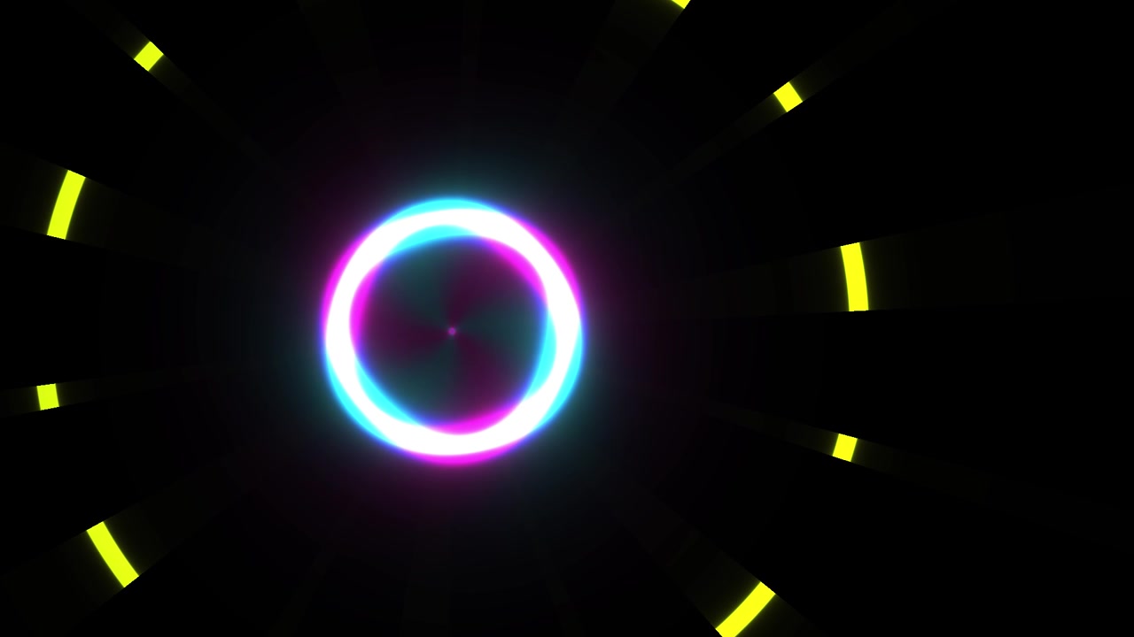Anello al neon astratto con raggi di luce gialli pulsanti su sfondo nero