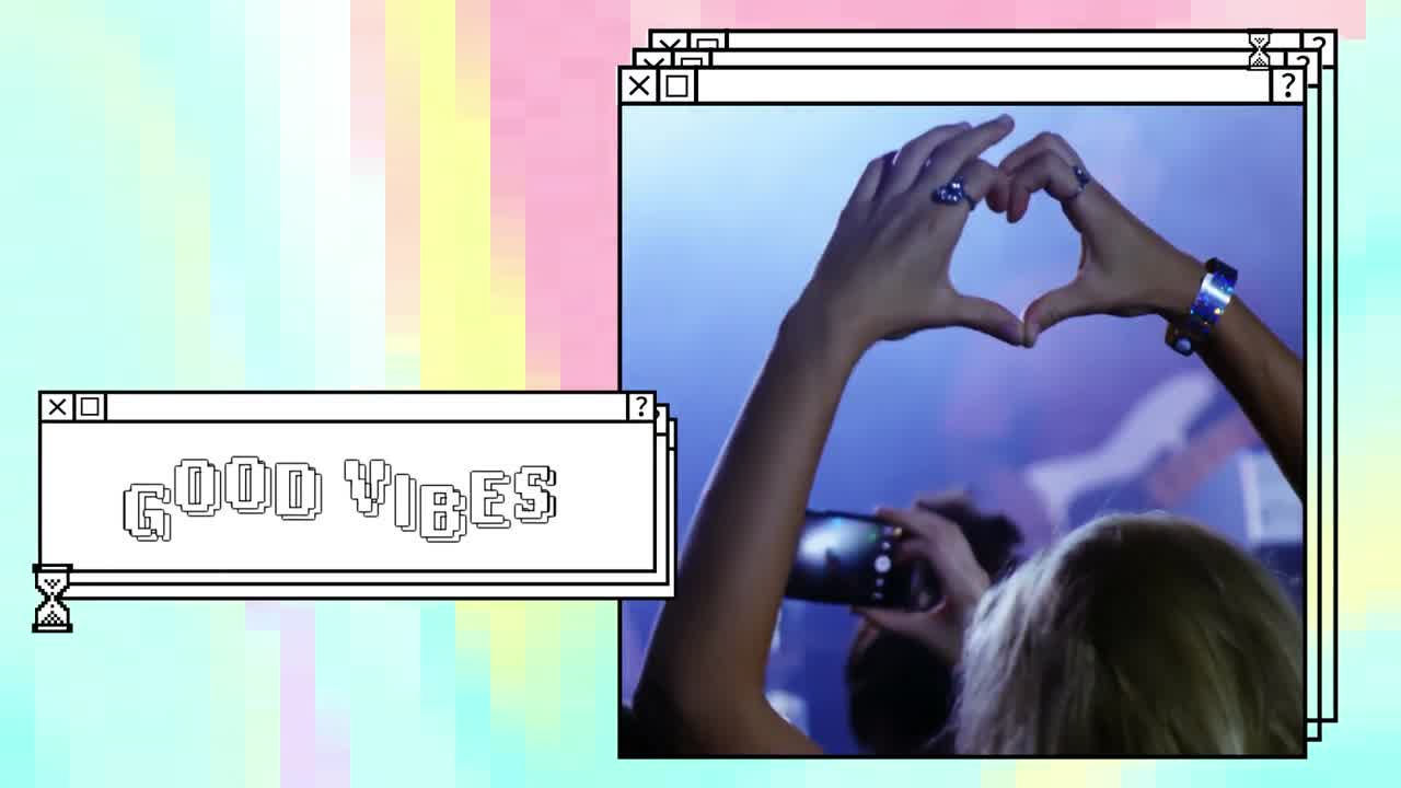 위에 쌓인 창에서  ⁇ 색 텍스트로 좋은 진동의 애니메이션, 공연 군중의 사람이 심장 기호를 만드는 것