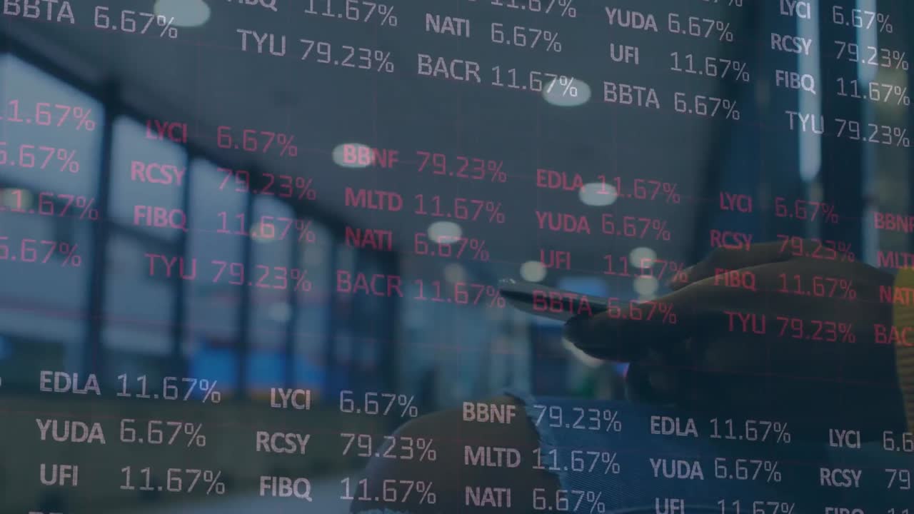 Stock market data processing against mid section of person using smartphone