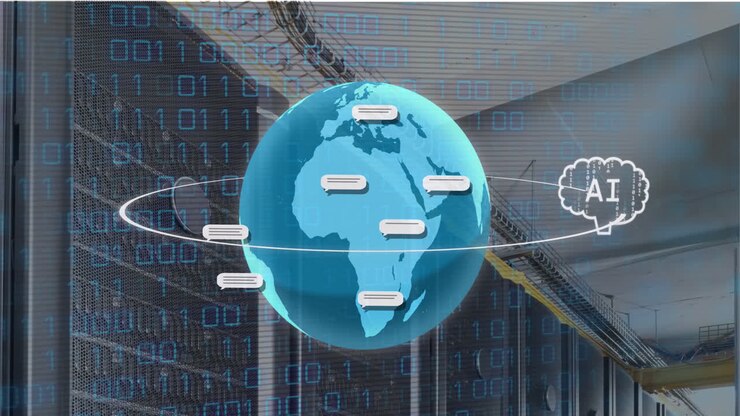 Animation of ai text and icon, data processing over globe