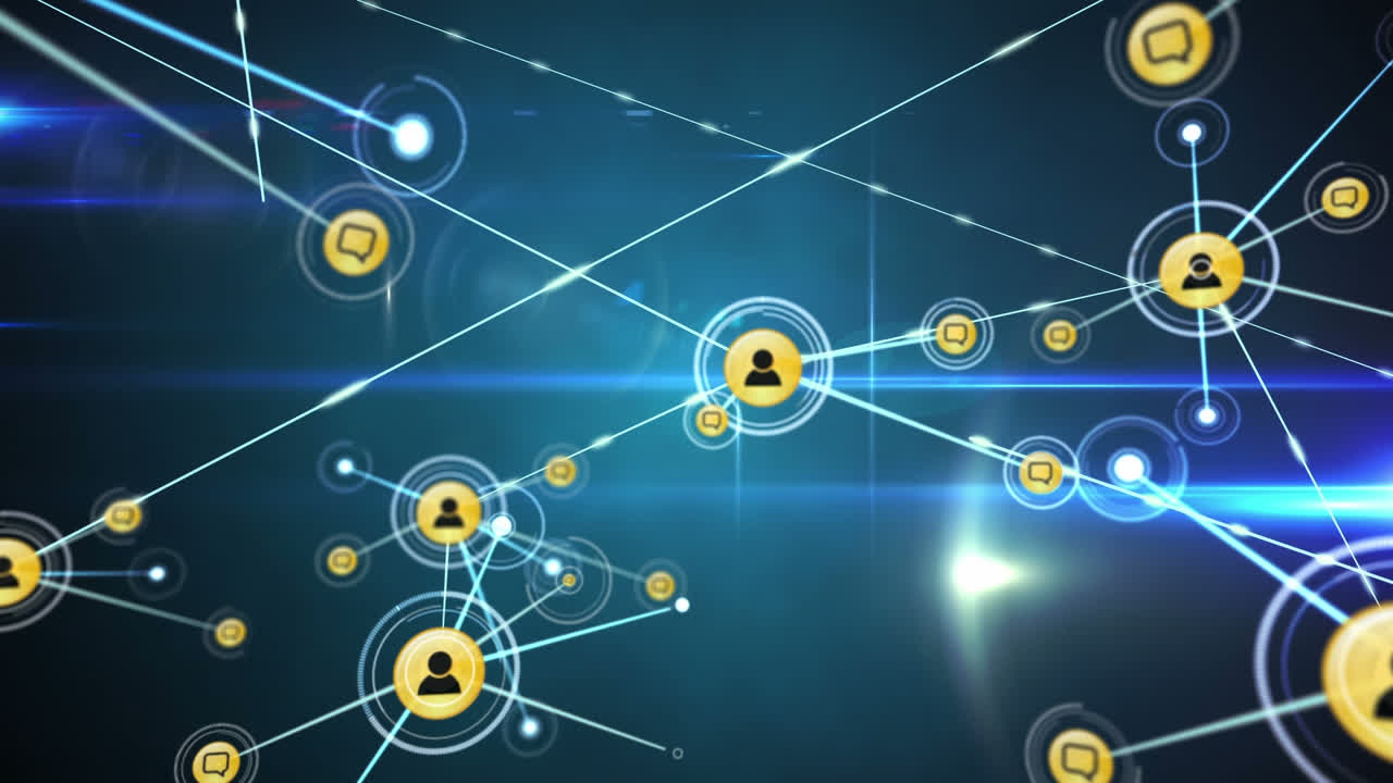 Animation of networks of connections with icons on black background