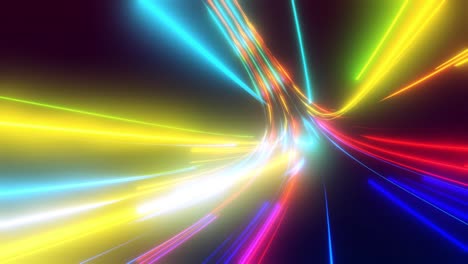 3d vj loop, abstract background with futuristic flow of multicolor glow lines. light streaks fly pass camera or flight through data flow. neon glowing rays in motionhi tech light flow. speed of light.