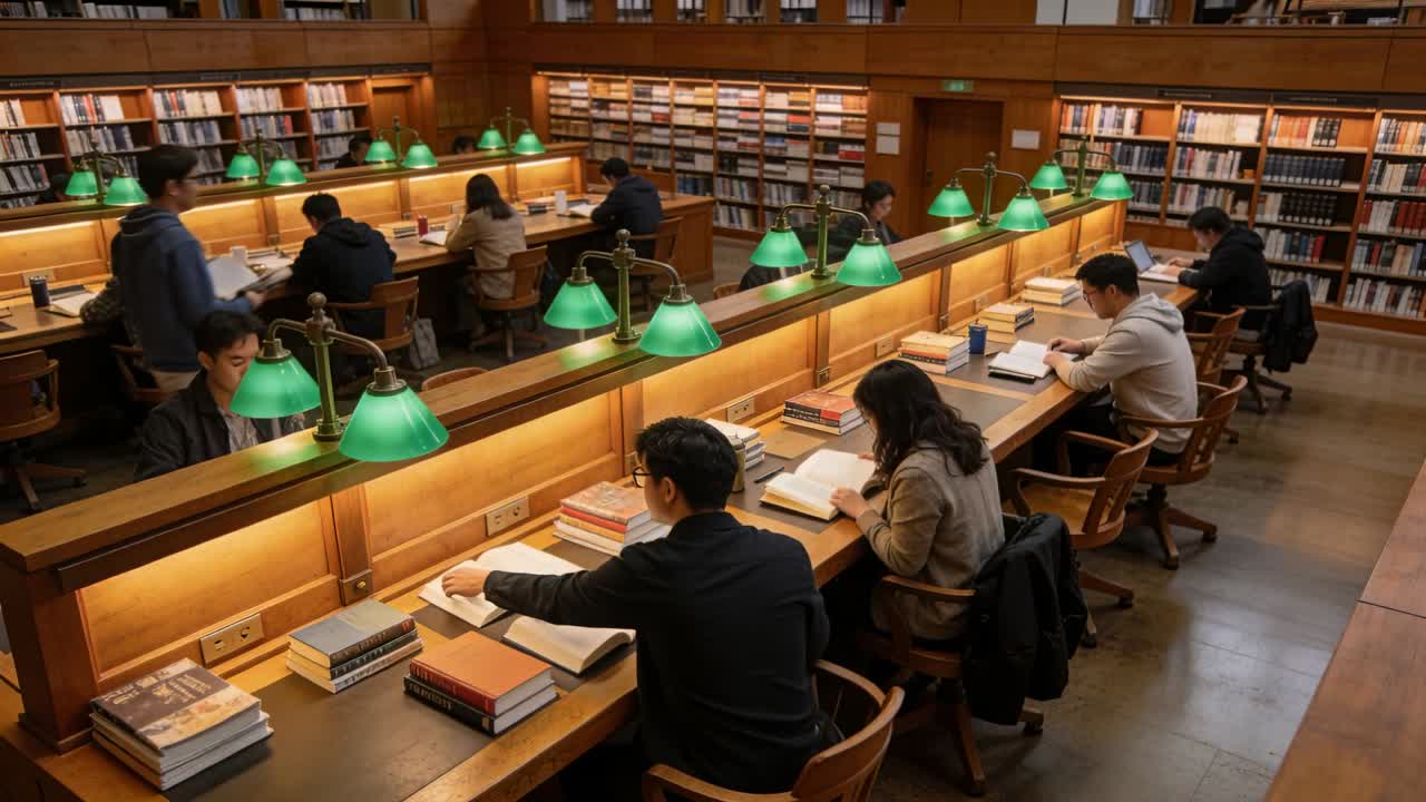 Walking student entering, front students flipping pages, animated highlights guiding library study