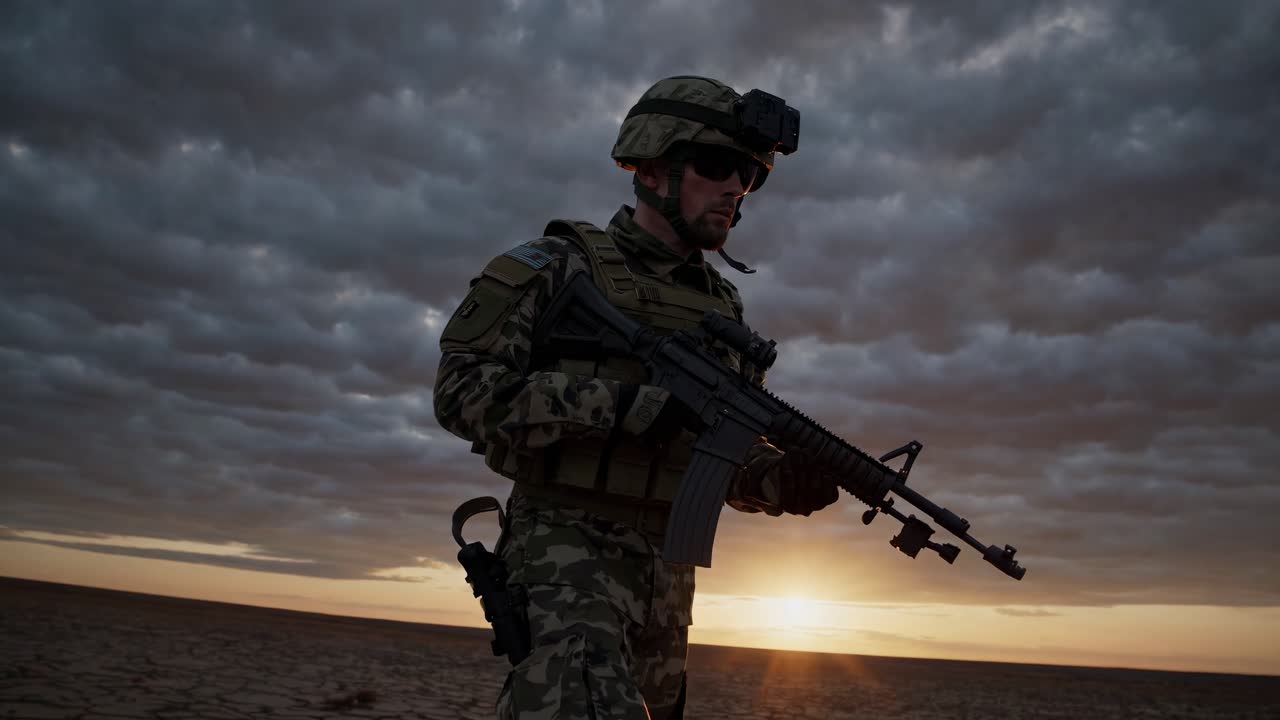 Silhouette of a soldier walking in a desert at sunset, captured from a low angle