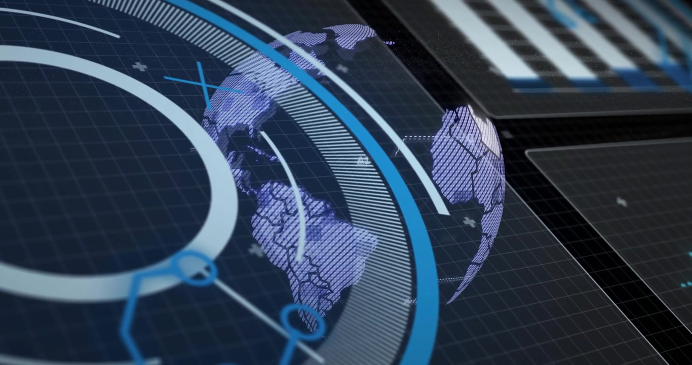 Ring rotating clockwise initiating globe forming and data panels filling to visualize global data