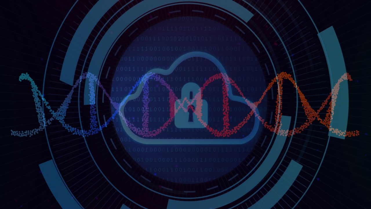 Animation of digital lock with DNA strands over binary code, symbolizing data security