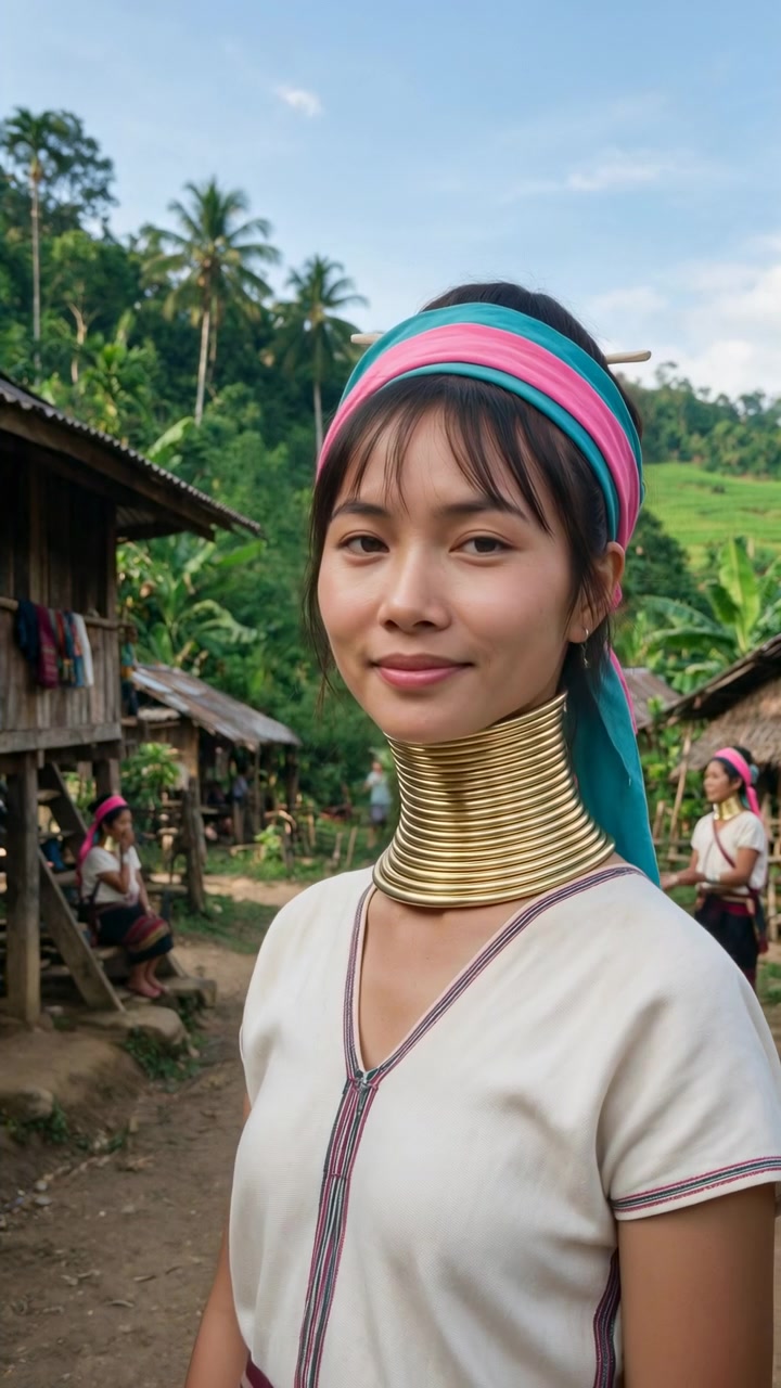 Retrato de pueblo de medio cuerpo de mujer del sudeste asiático con anillos de latón apilados en el cuello, pañuelo rosa turquesa y blusa estampada, de pie frente a casas en la ladera con expresión tranquila y luz natural suave