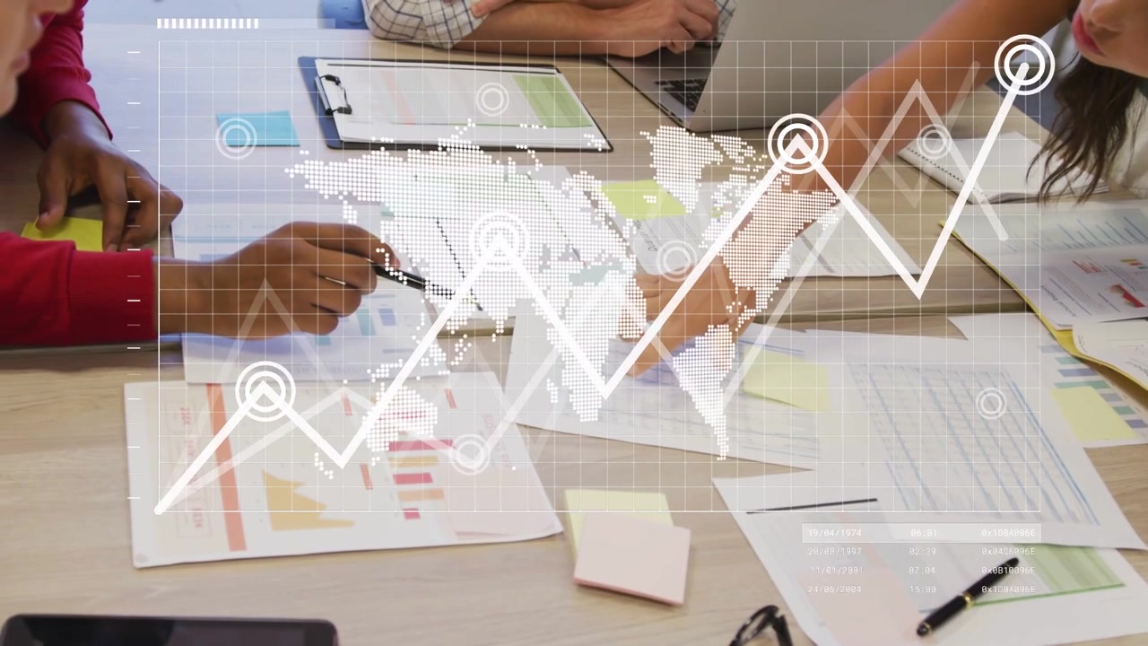 Left analyst pointing, lead moving papers, overlay animating map aligning charts for finance review