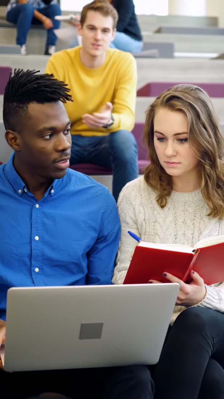 Two diverse university students, a young man and woman, collaborate on an assignment using a laptop