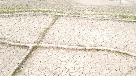 aerial footage of a dry pond reveals barren farmland with irrigation channels, highlighting the effects of drought